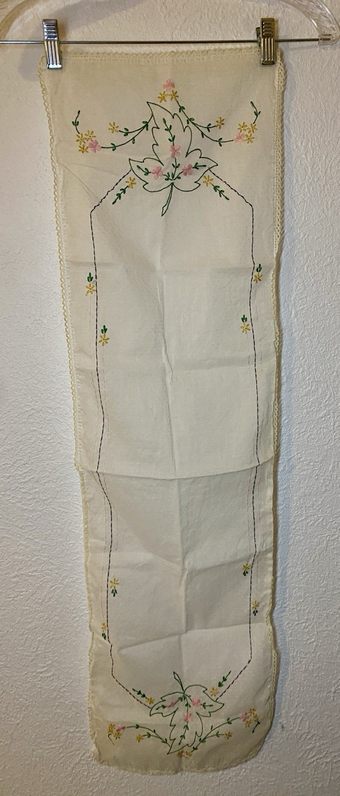 Hand Embroidered Table Dresser Runner Cotton Spring Flowers Needlepoint Vintage