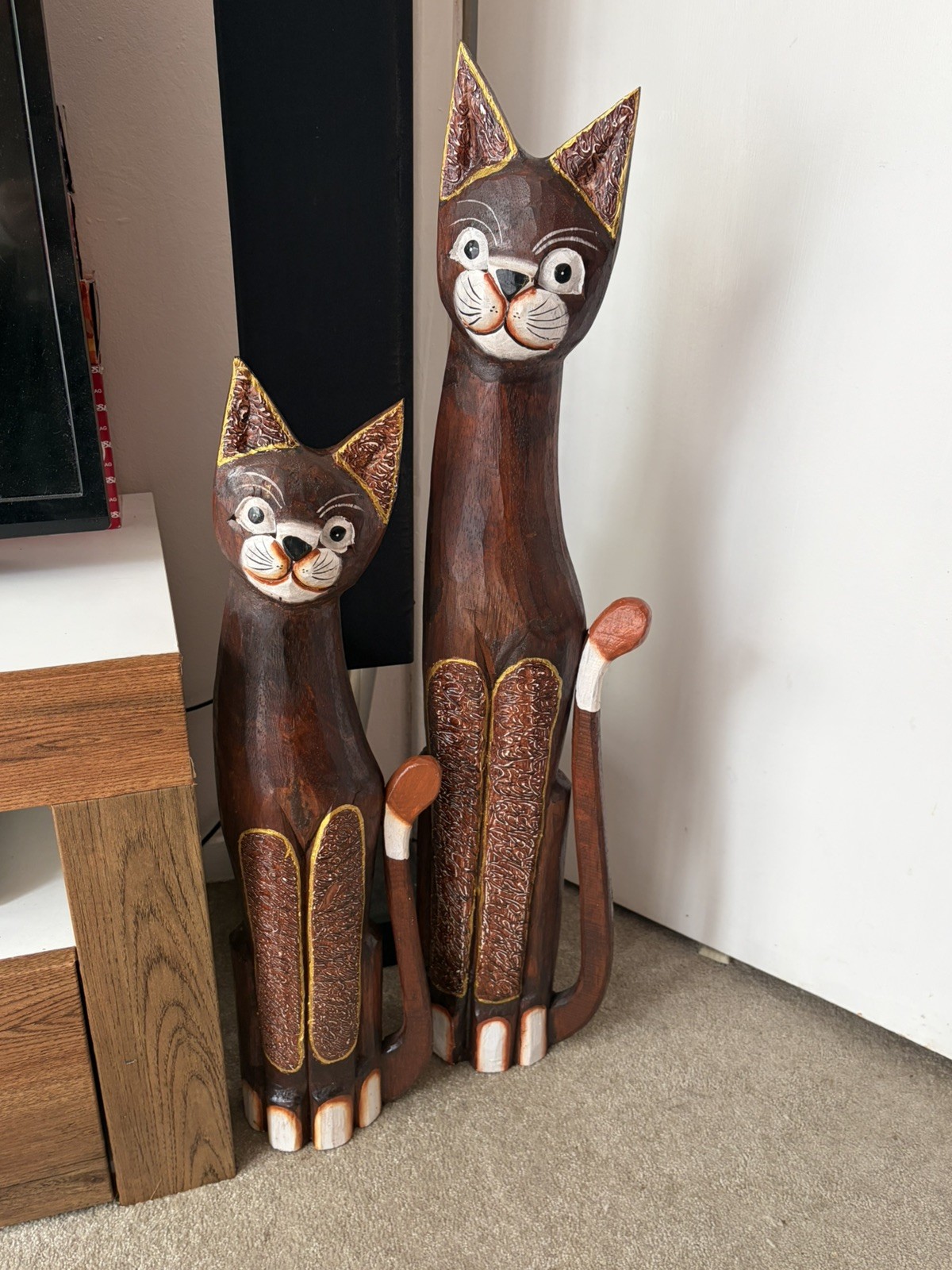 Pair of Striking Hand-Carved+Painted Wooden Cat Floor Sculptures 30” and 23” 