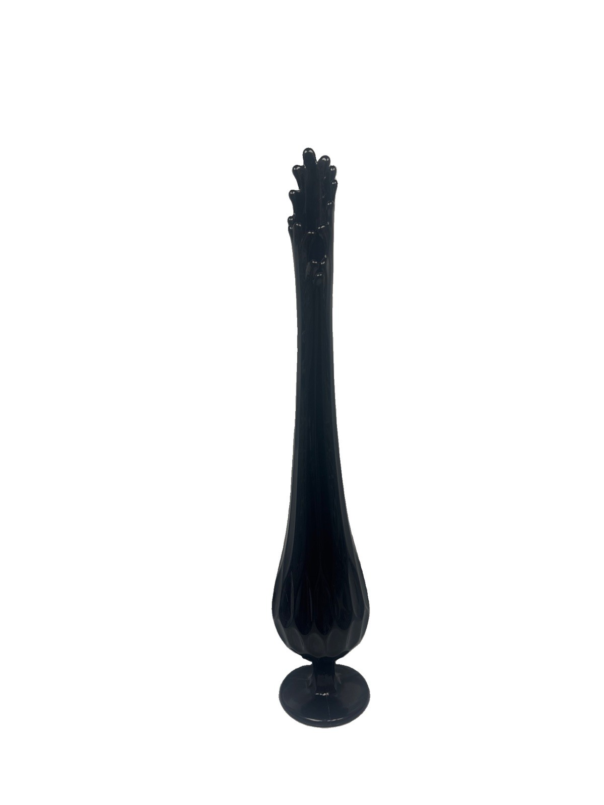Vintage 1960s Fenton Black Amethyst Glass Swung Vase 19” Mid Century Thumbprint