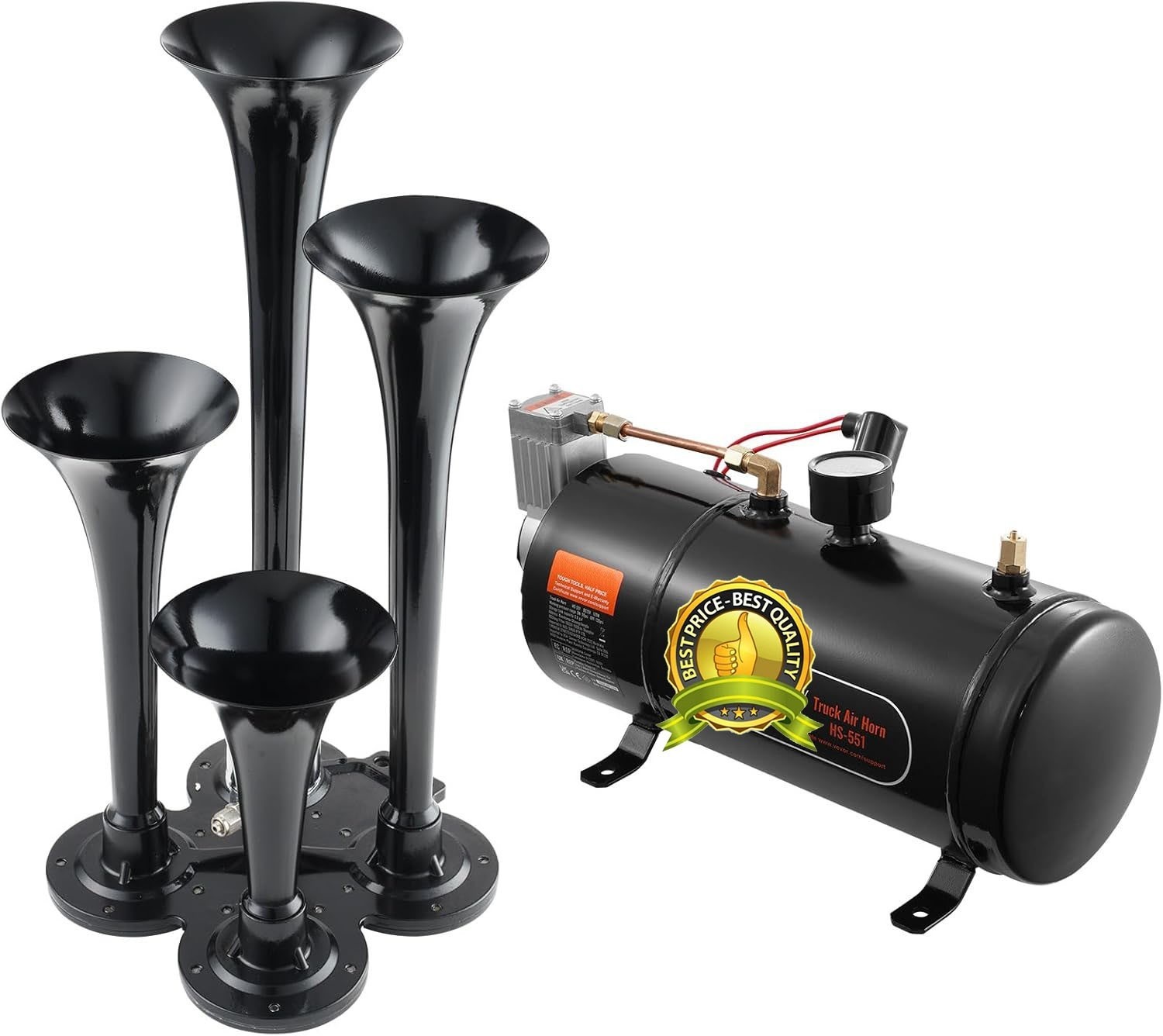 Bocina de Tren 4 Trompetas 150dB Kit con Compresor 12V 120PSI Tanque 3L Auto SUV
