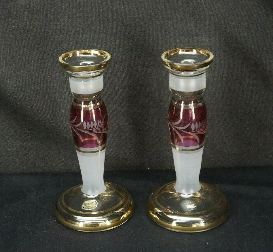 Rare SUPERB Pair VINTAGE “BOHEMIA” CUT TO CLEAR GLASS CANDLESTICKS CZECH
