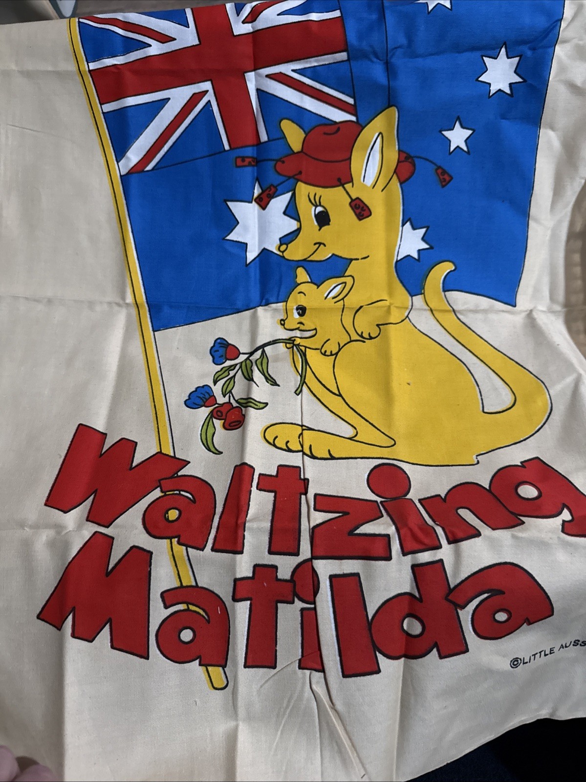 Vintage 1983 Waltzing Matilda Australian Tea Towel Cotton Linen Retro KitscH 
