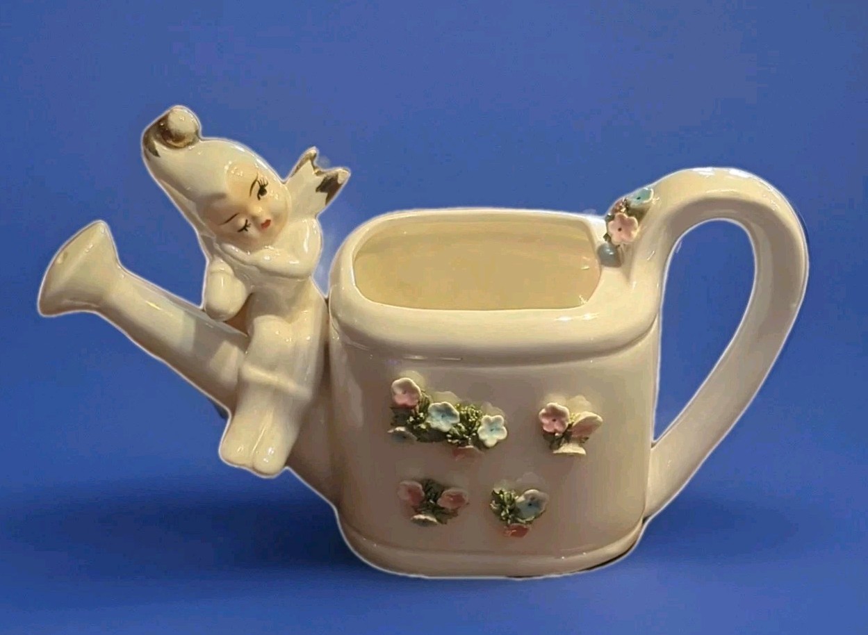Lefton's Elf Ceramic Watering Can Figurine with Floral Accents, 5047N Lefton's Elf Ceramic Watering Can Figurine with Floral Accents, 5047N