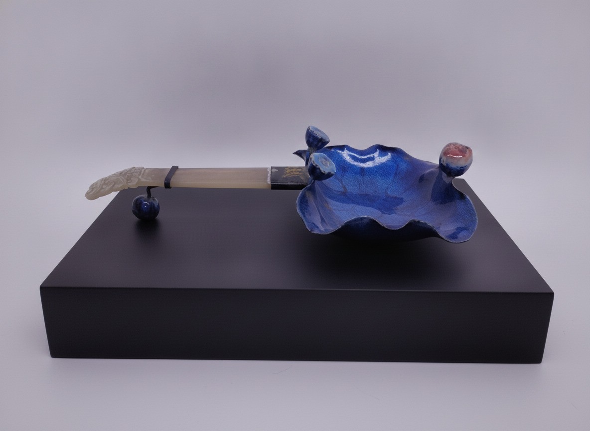 Qing/Republic Chinese Enamel Lotus Leaf Water Ladle Carved White Jade Handle