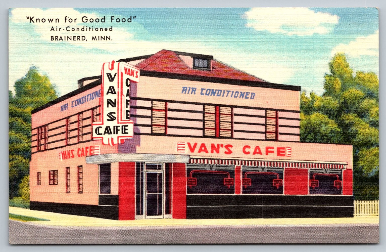 Van\'s Cafe Brainerd MN Vintage Linen Postcard Air Conditioned Diner