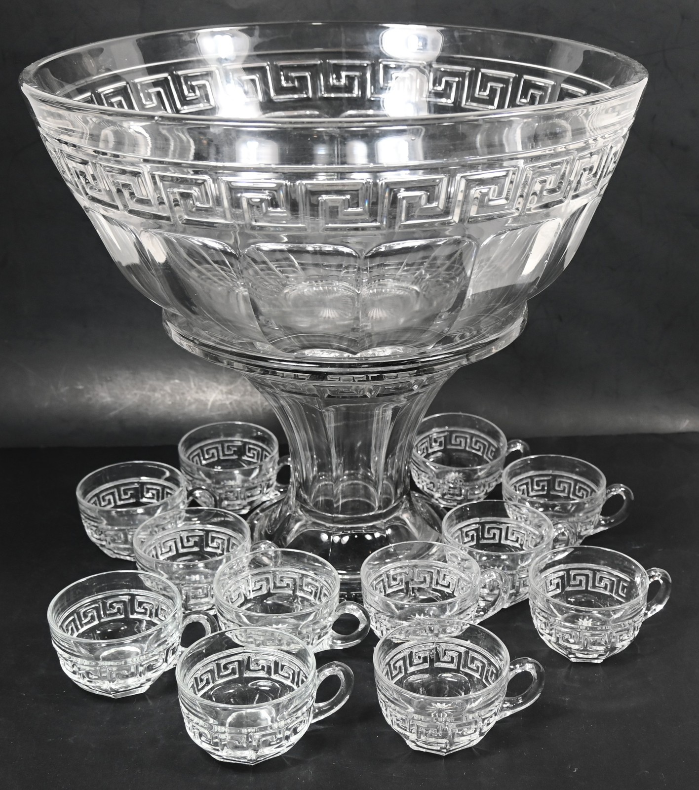 VINTAGE 14-PC HEISEY GLASS GREEK KEY PUNCH BOWL SET w/ Stand & Cups