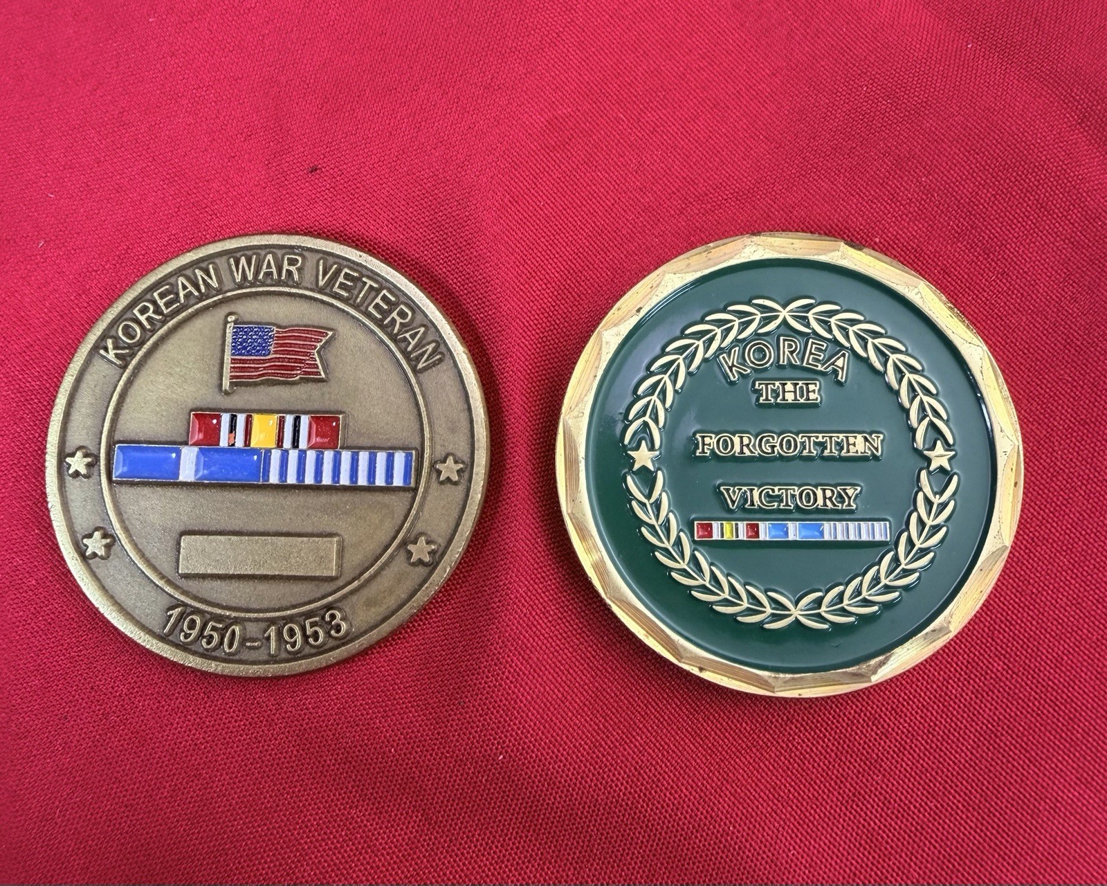 Lot of 2 Korean War Veteran Challenge Coins – Forgotten War / Forever Proud