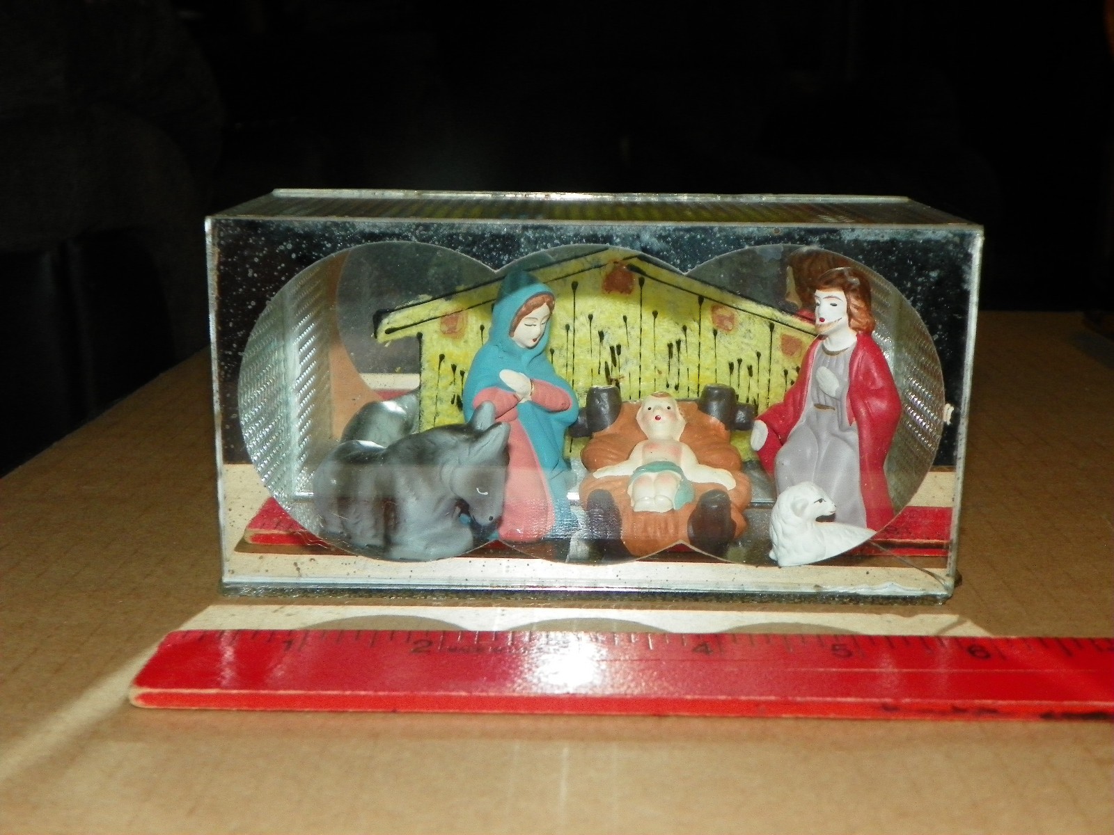 Vintage Mirrored Diorama NATIVITY Mary Joseph Baby Jesus Christmas MCM