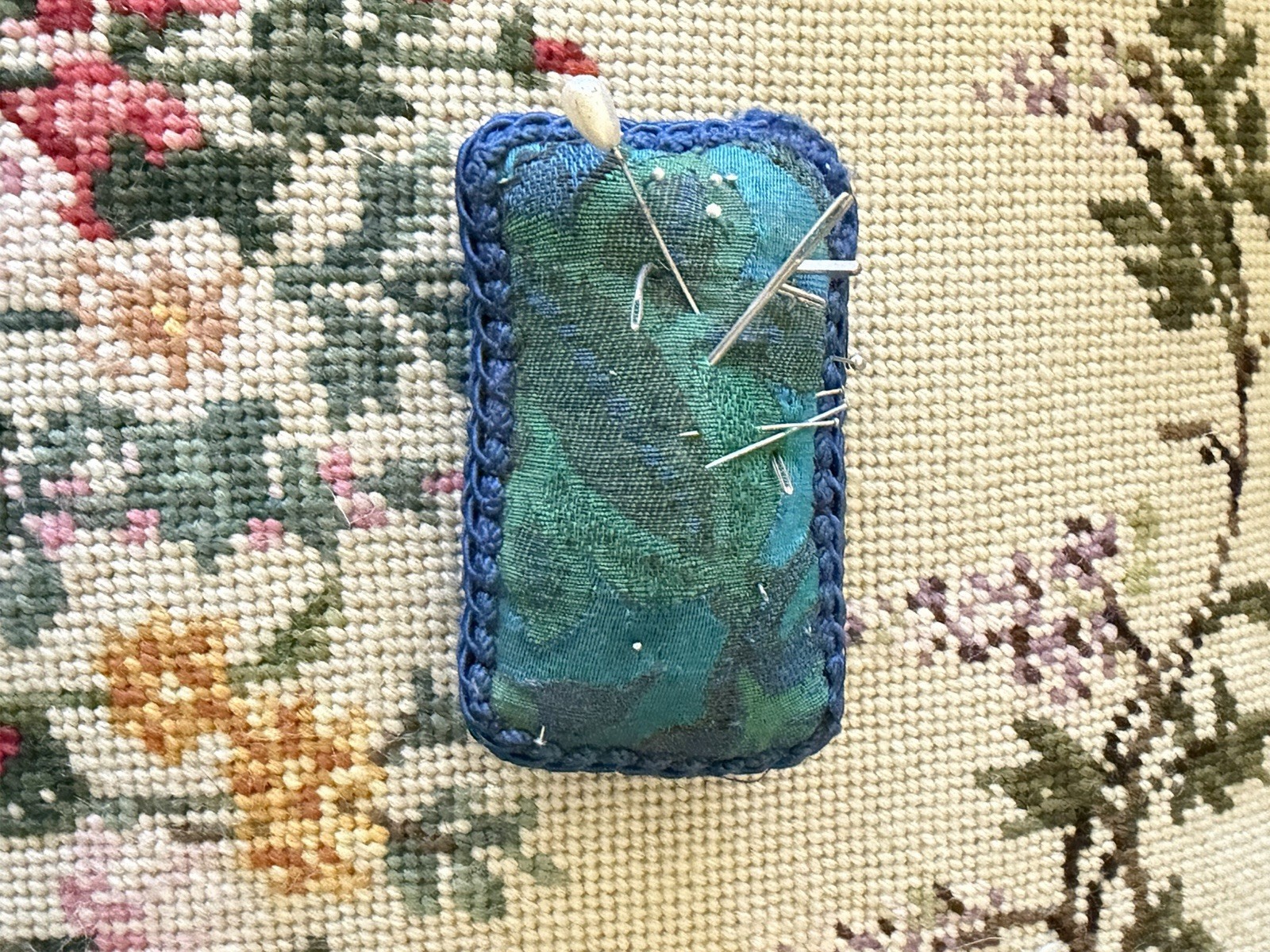 Vintage Embroidered Woven Pin Cushion Peacock Blue & Teal - Cute