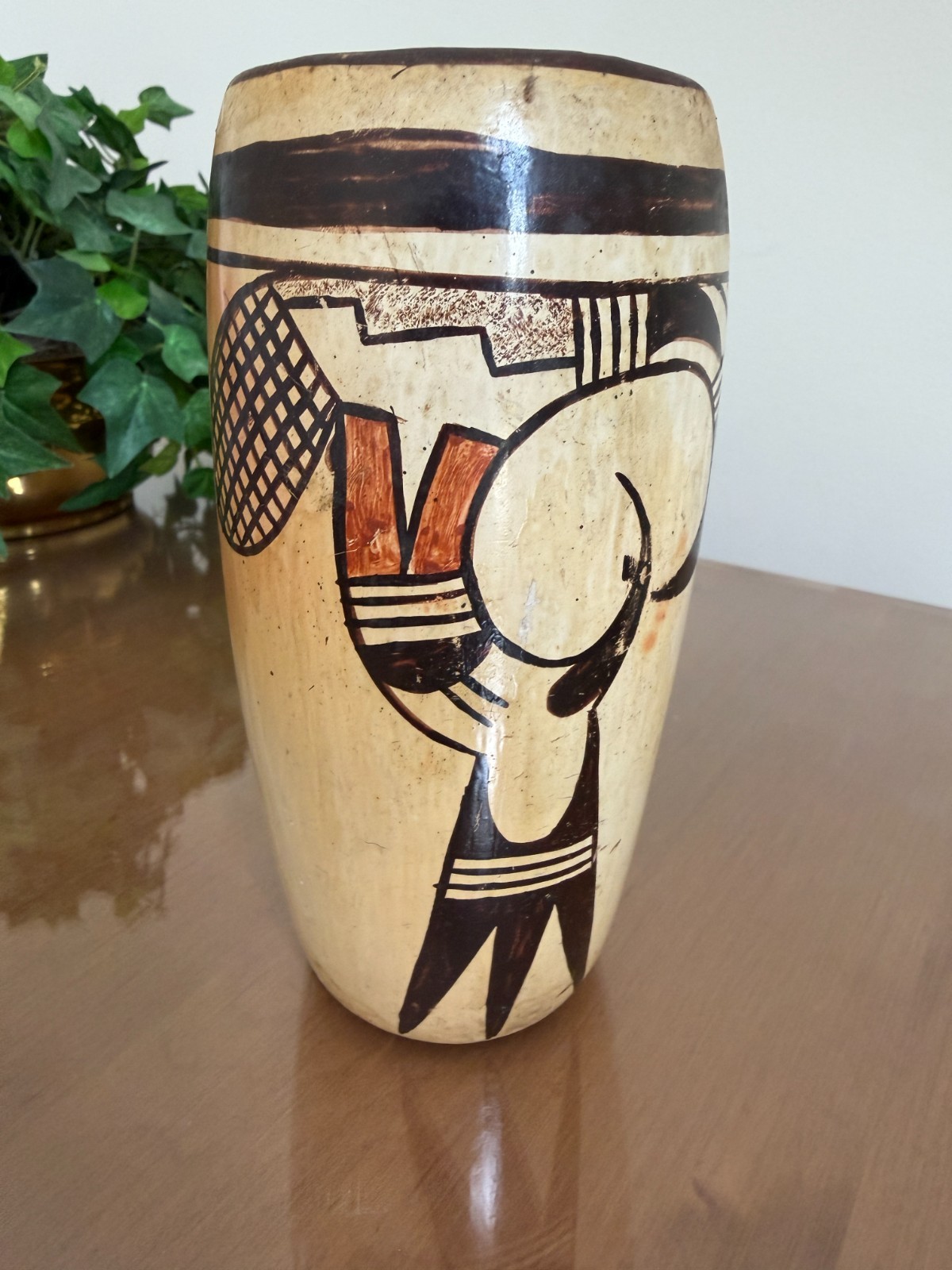 VTG Hopi Pottery Cylindrical Vessel w/ stylized hand painted designs