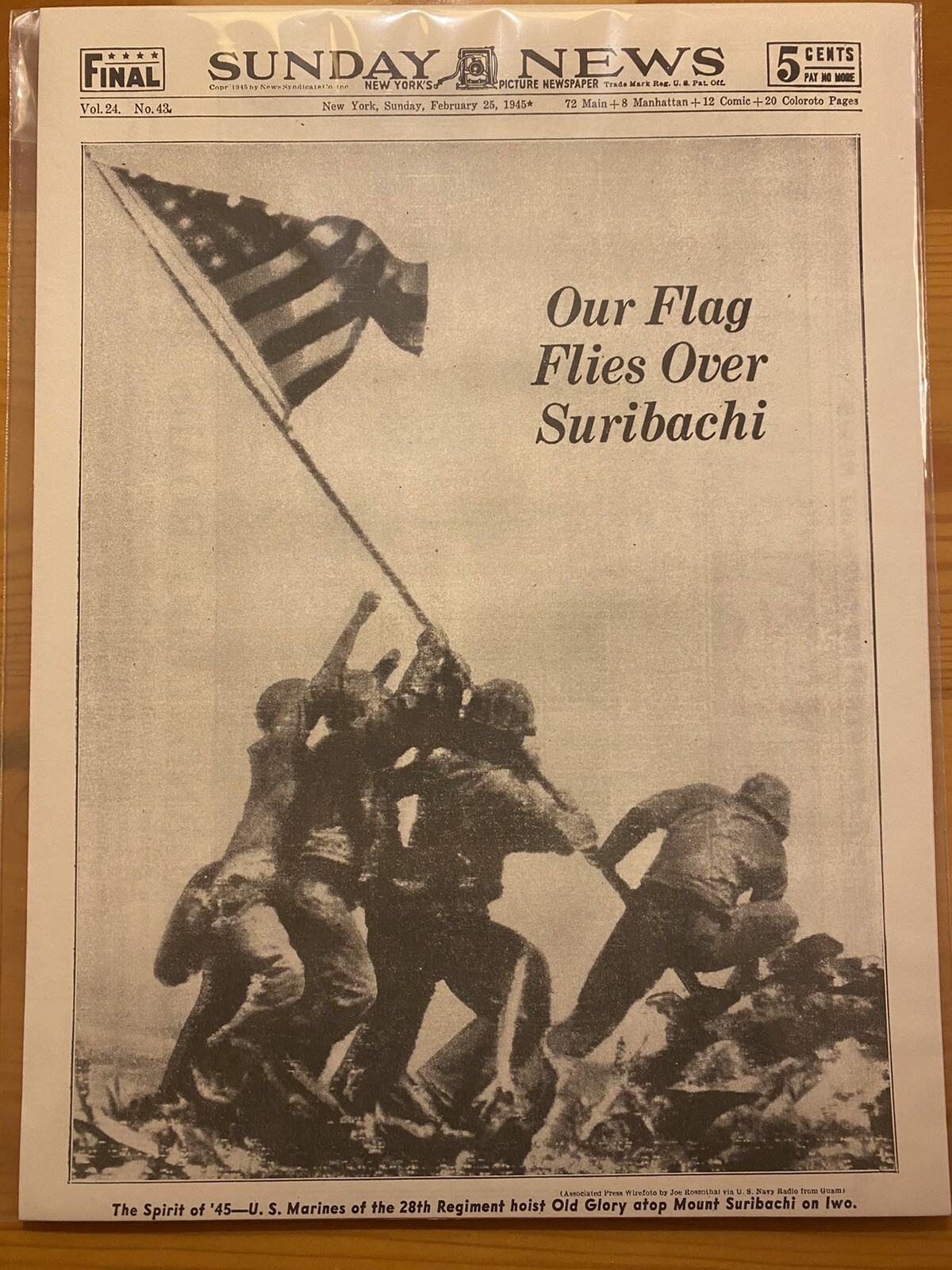 VINTAGE NEWSPAPER HEADLINE ~WORLD WAR 2 SURIBACHI IWO JIMA JAPAN FLAG WWII 1945