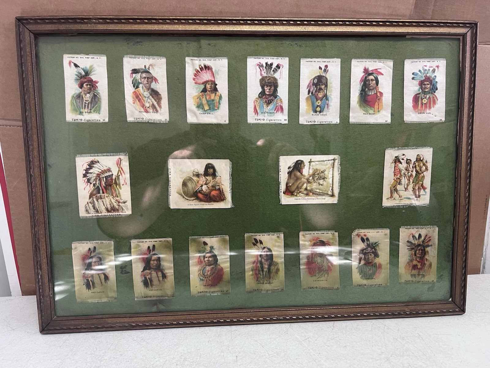 c1910 S67 Indian Chiefs Tobacco Silks Tokio Zira 18pc Framed Native American