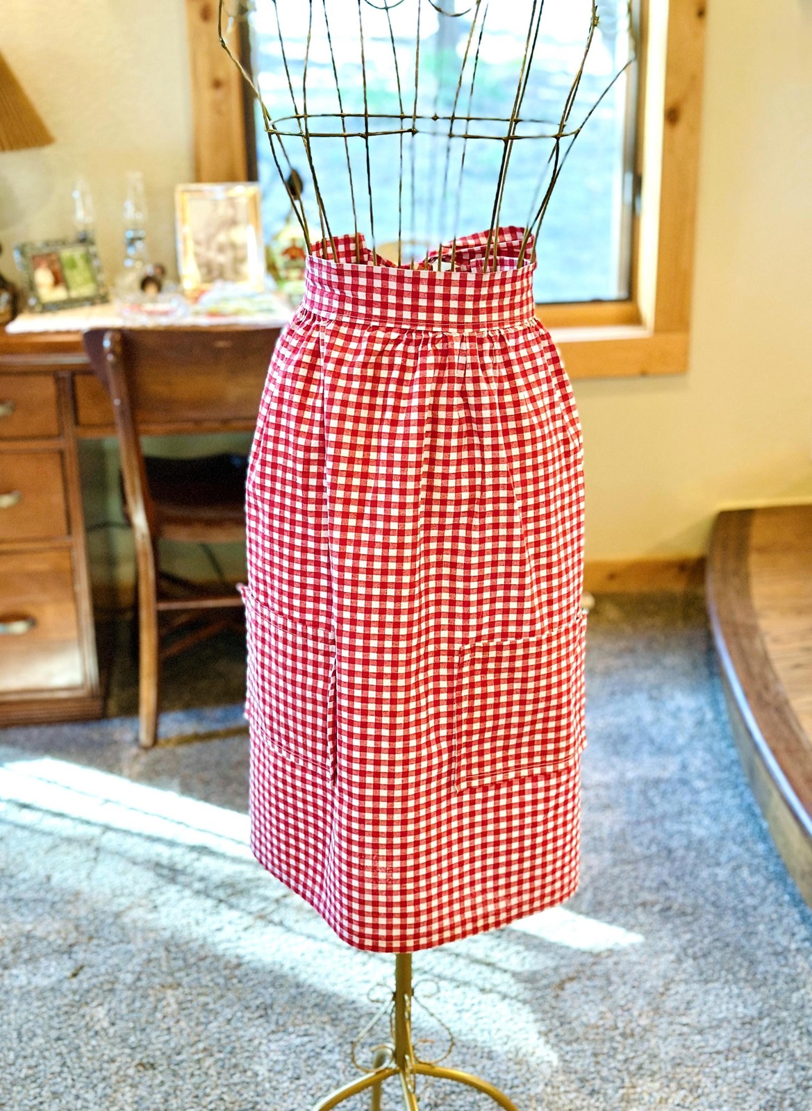 Vintage Red & White Gingham Checked Cotton Handmade Half Apron w Pockets 1950s