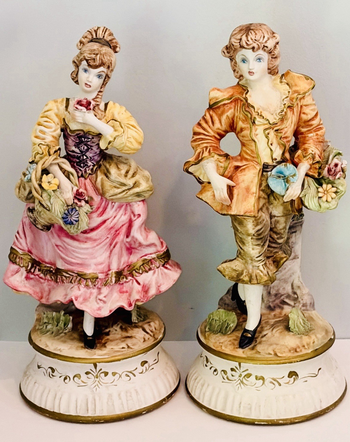 Capodimonte Set of 2 Baroque Style Large Porcelain Figurines, Italy, Circa 1900s