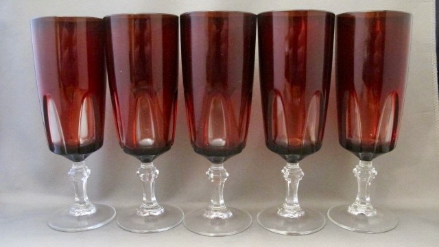 CRISTAL D'ARQUES DURAND GOTHIC RUBY RED PARFAIT/CHAMPAGNE GLASSES- SET 5