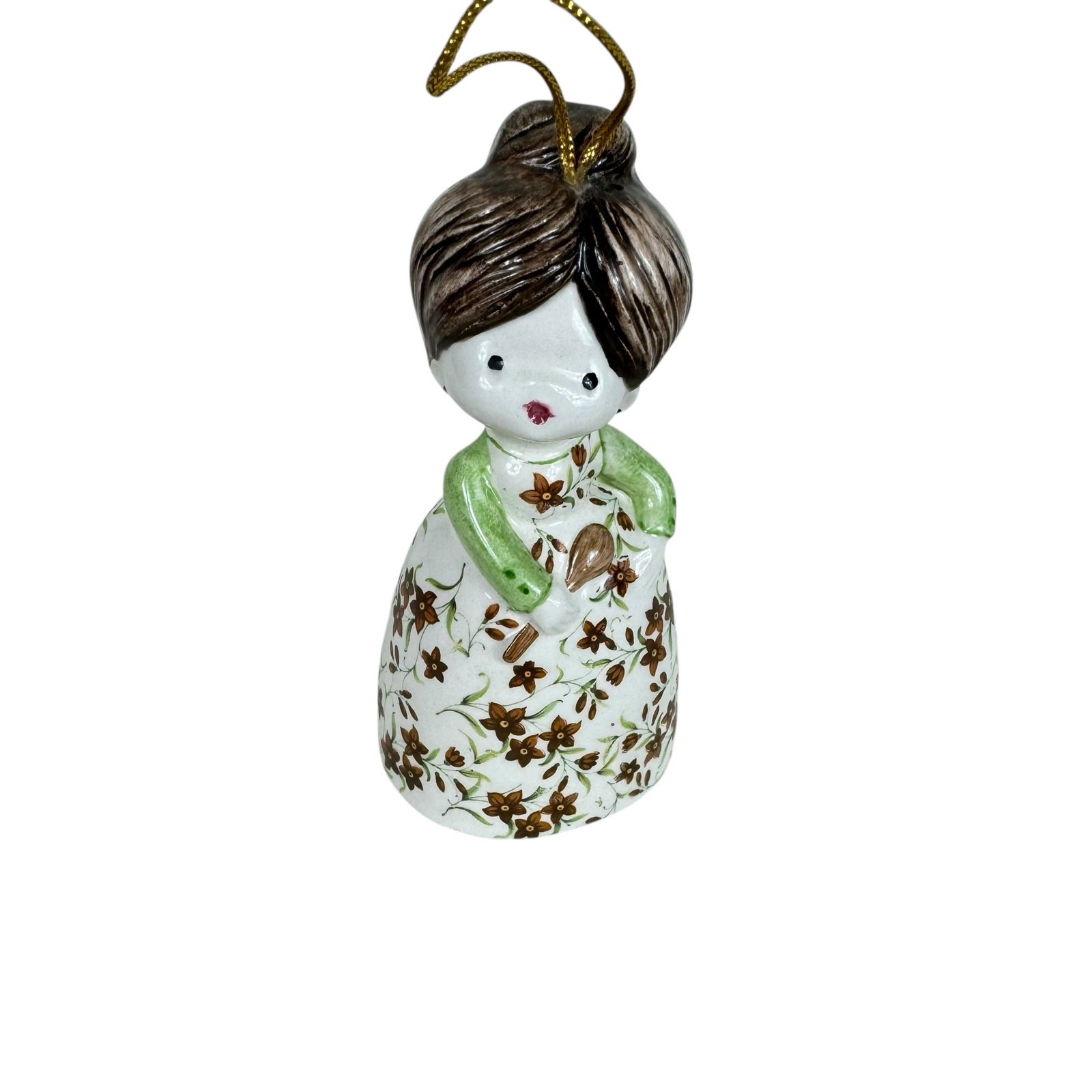 Vintage Glazed Ceramic Mom Figurine Brown Hair Floral Dress Bell 1980s