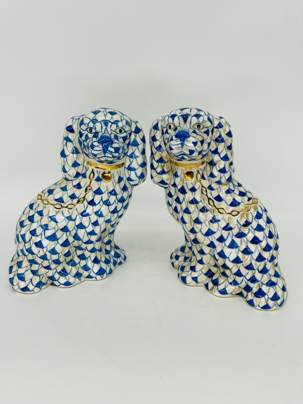 Pair Porcelain Limited Edition Blue Fish Scale Staffordshire Dogs