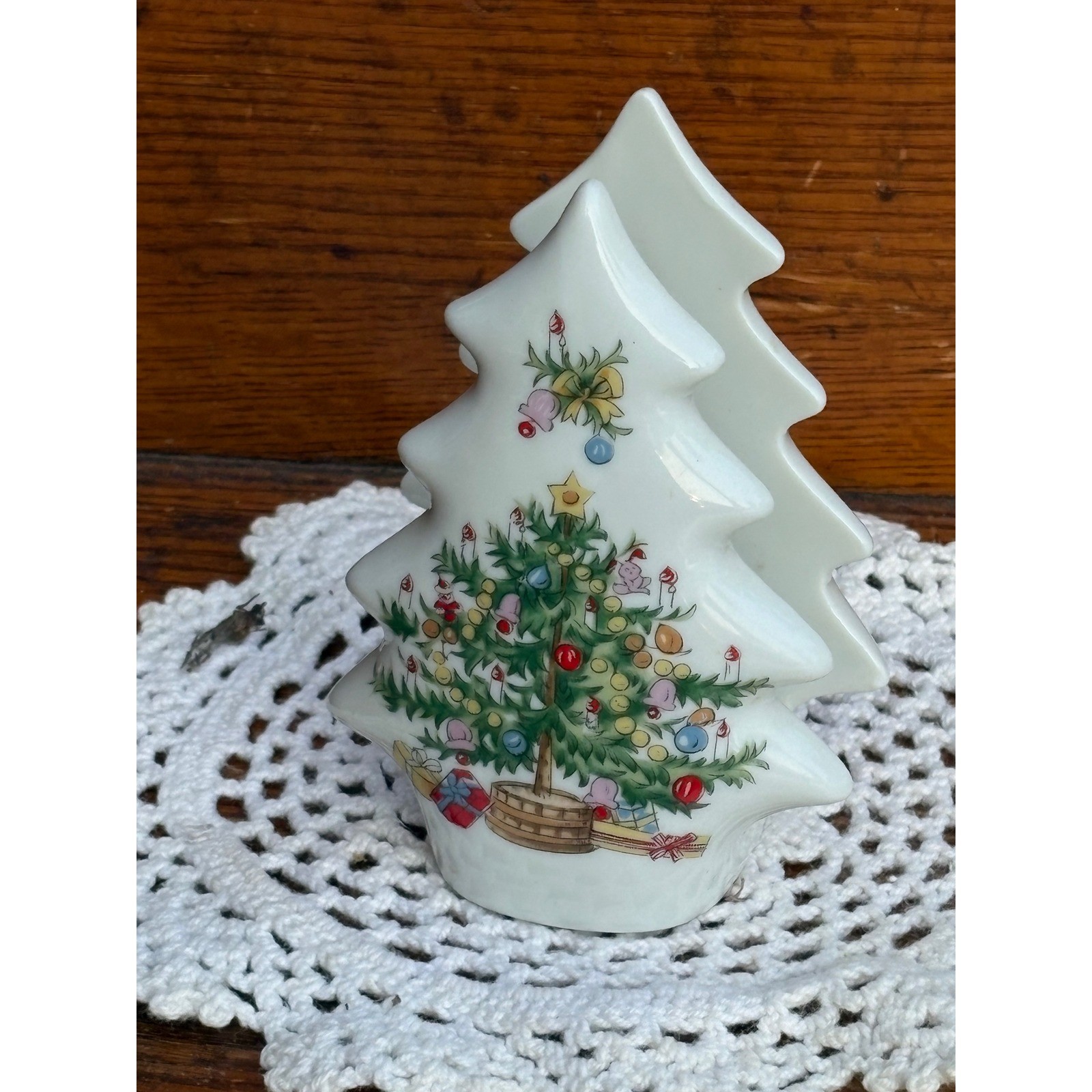 Vintage Lefton China Christmas Tree Napkin Holder Hand Painted Japan 1202 White