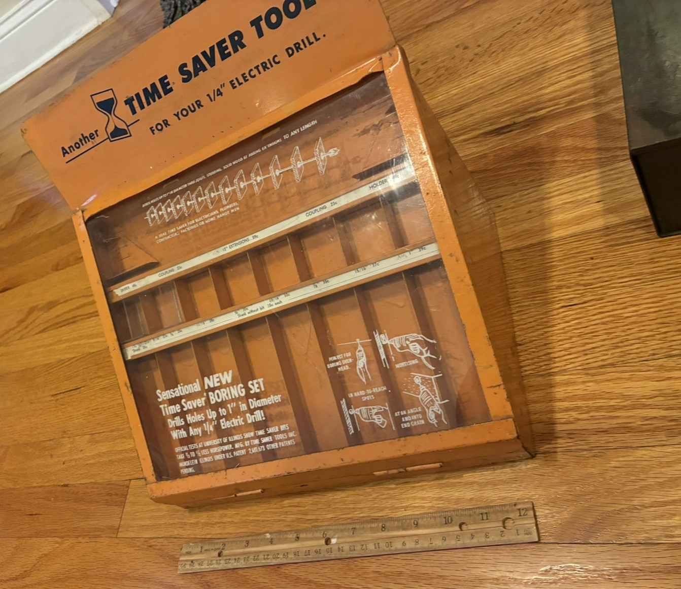 VINTAGE TIME SAVER TOOL HARWARE STORE DISPLAY CASE - NICE ELECTRIC DRILL BITS