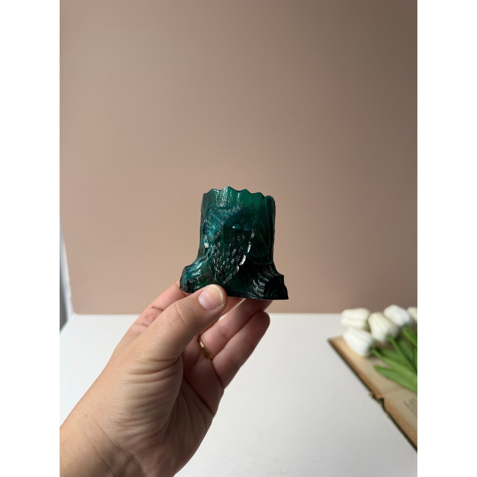 Summit Art Glass Emerald Slag Owl Tree Stump Toothpick Holder Vintage Dark Green