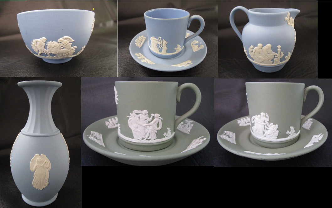 Vintage Jasperware - Blue and Sage - 6 Piece Lot - Cups/Pitcher/Vase/Bowl