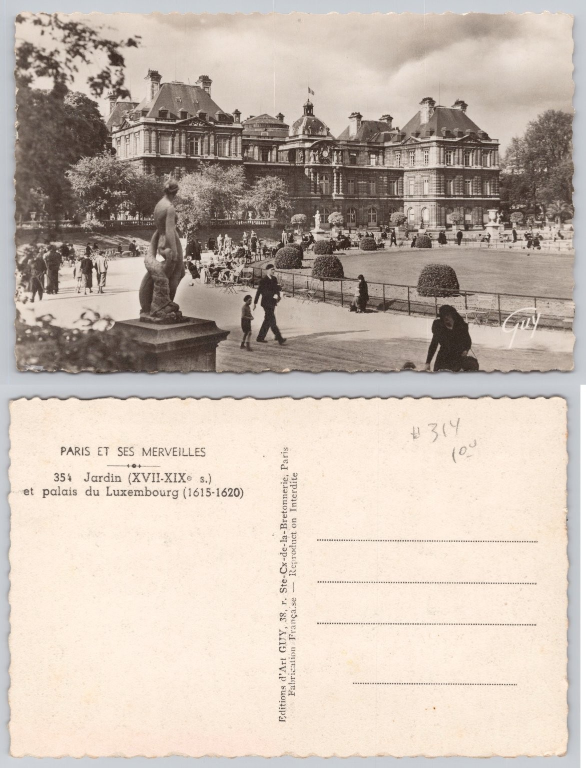 Vintage RPPC Paris Luxembourg Palace Gardens Statue Editions d'Art GUY