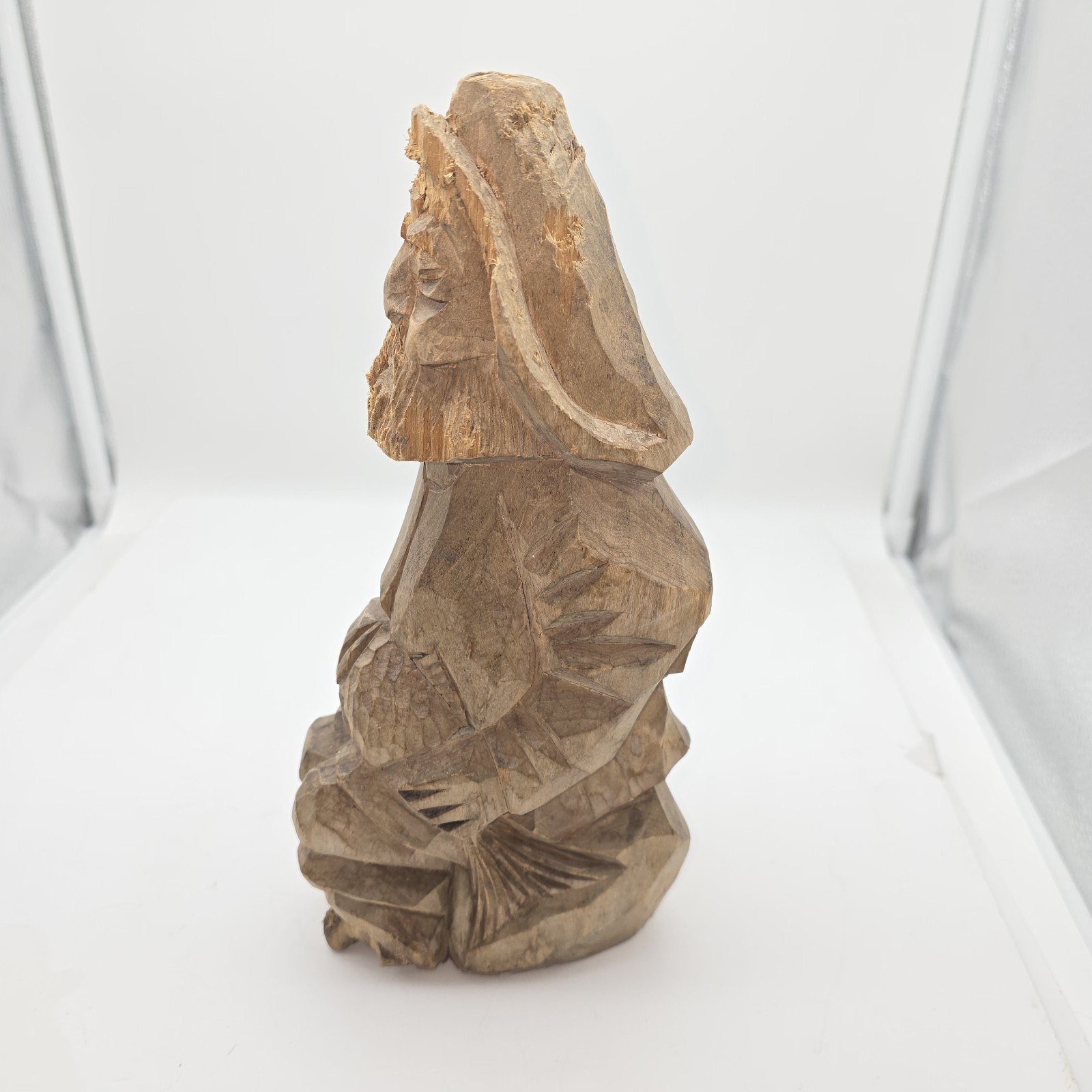 Vtg Carved Wooden Figurine w/Fish Primitive Folk Art Hand Carving 10.5\