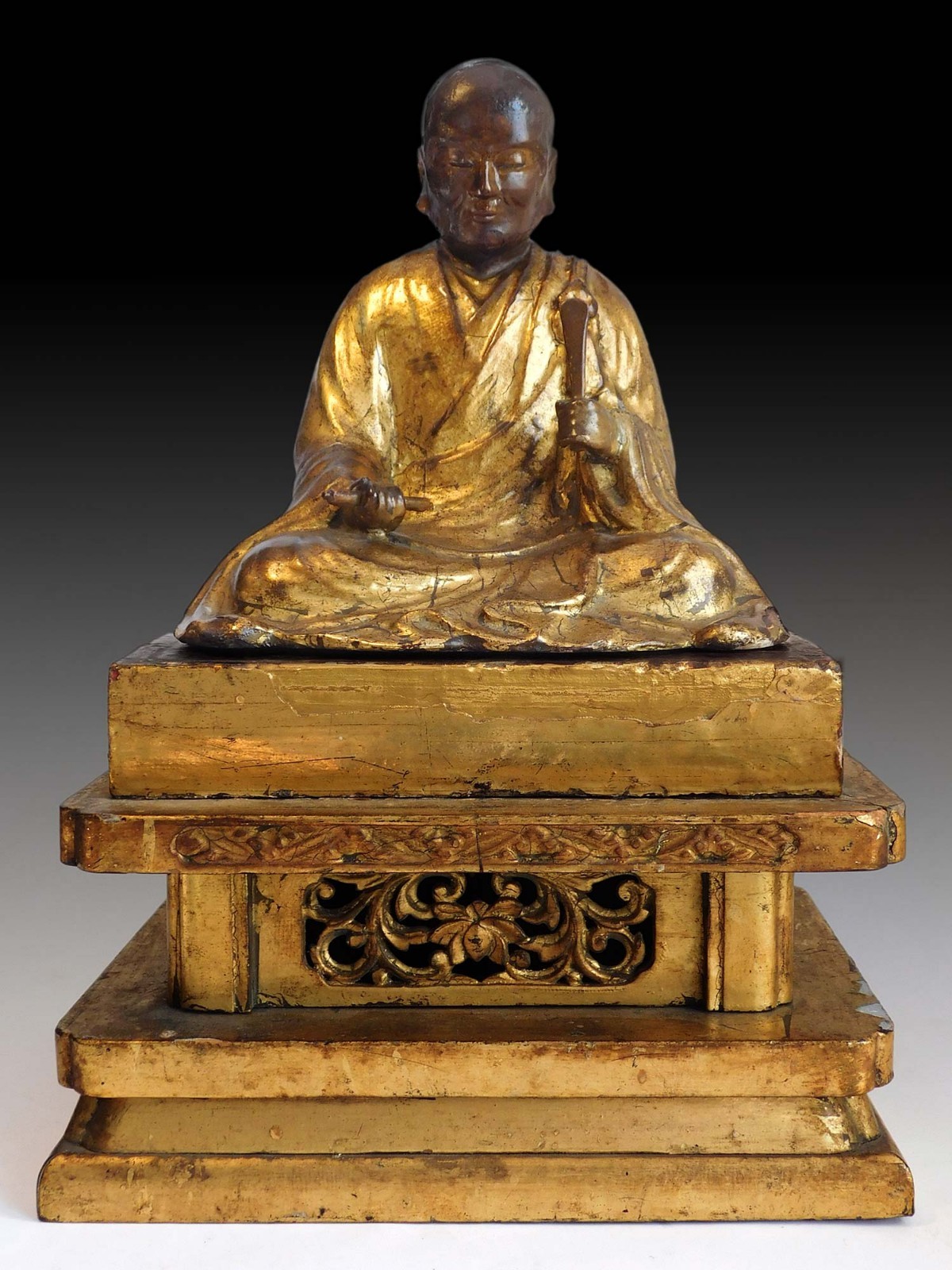 Zen Master Nichiren Shonin Antique Japanese Joined Blocks Gilt Wood Statue 日蓮大聖人