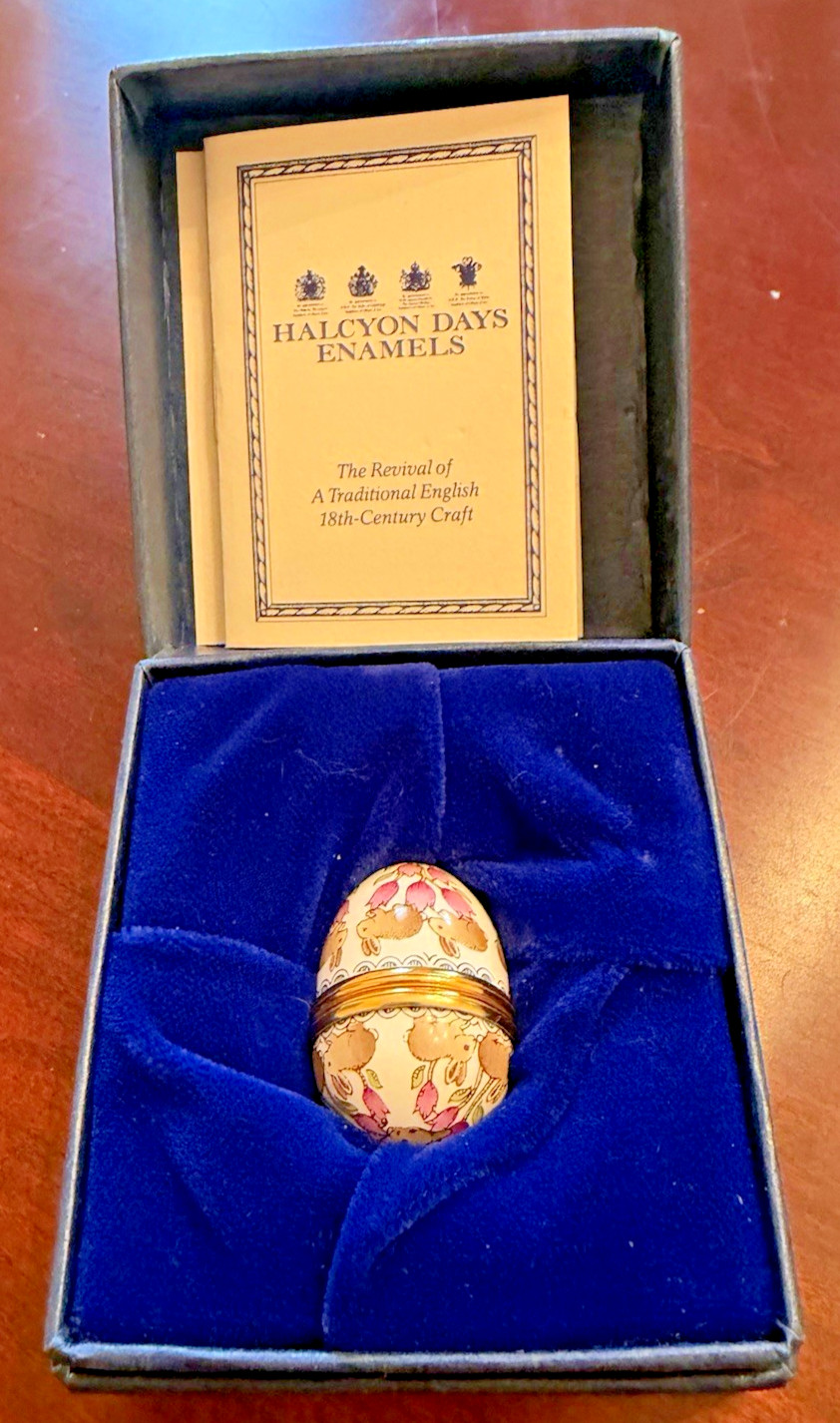 Halcyon Days Enamels Bunnies & Tulips Egg Trinket Box w/ Stand,Box,Papers&Sleeve