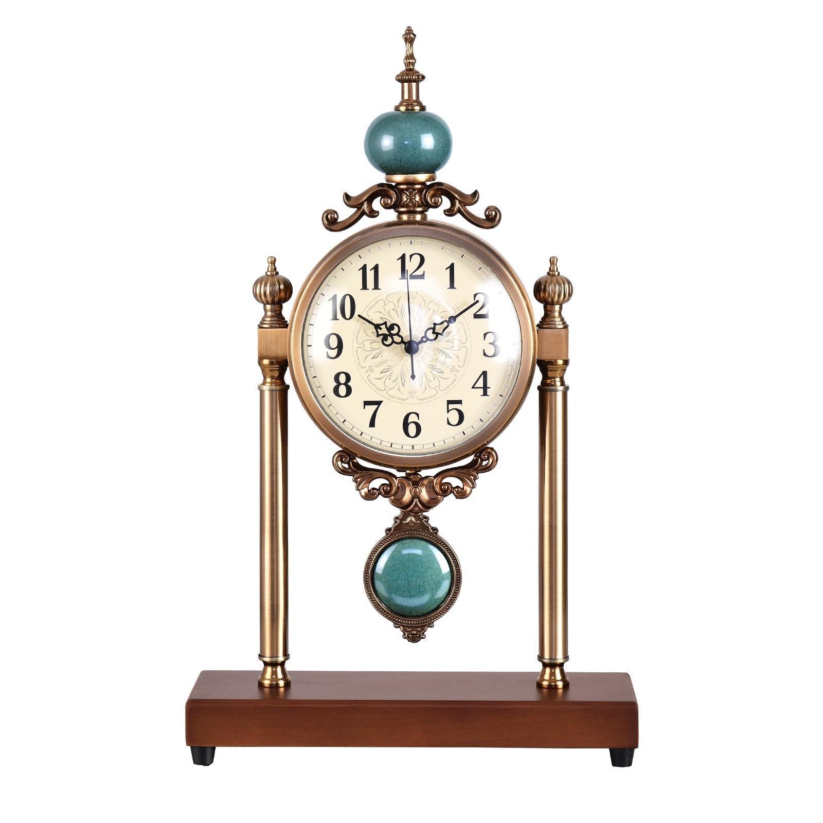 Vintage European Pendulum Table Clock Solid Wood Metal Luxury Desk Home Decor 