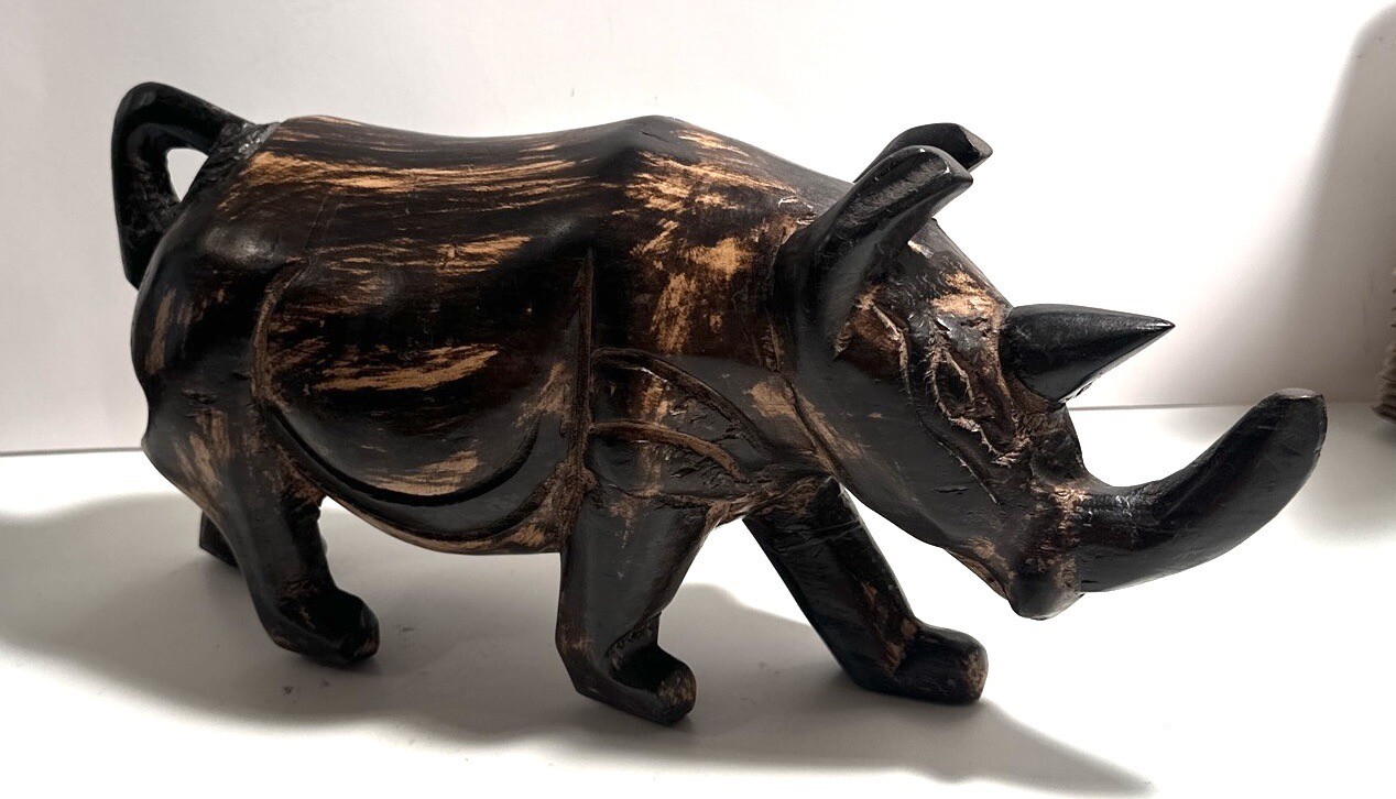 Vtg Kenyan Folk Art Hand Carved Burnt Wood Rhinoceros Rhino Figurine