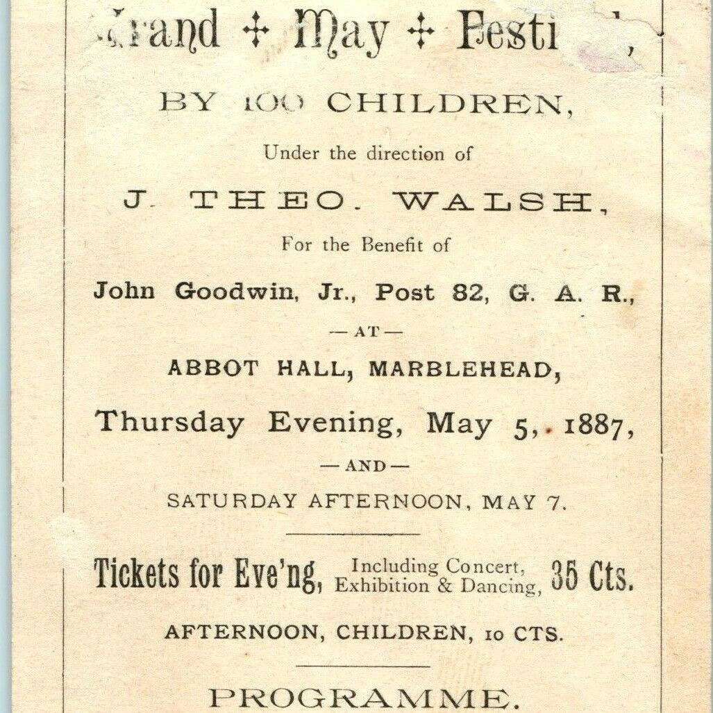 1887 Grand May Festival Program Marblehead MA GAR Post 82 Frank Cousins Bee Hive