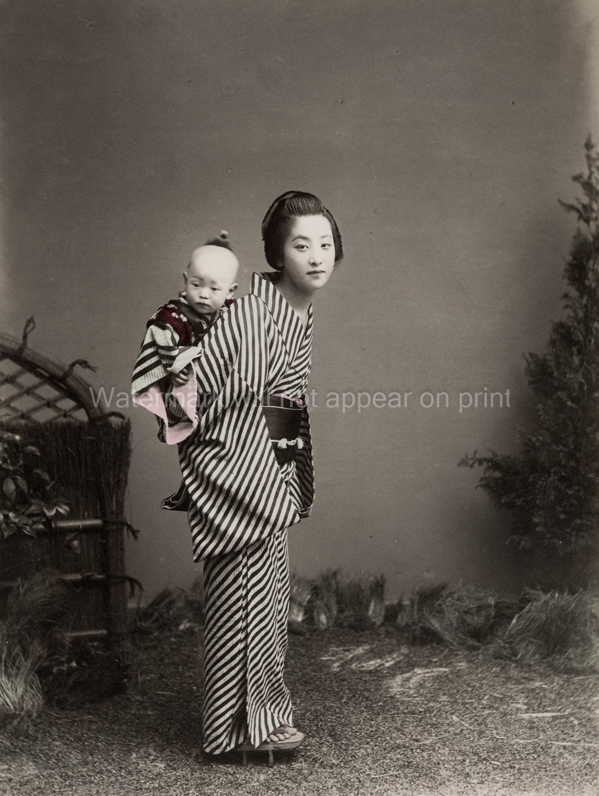 Japanese Mother Carrying Baby Kimono Traditional Portrait Vtg. Photo 19thC.