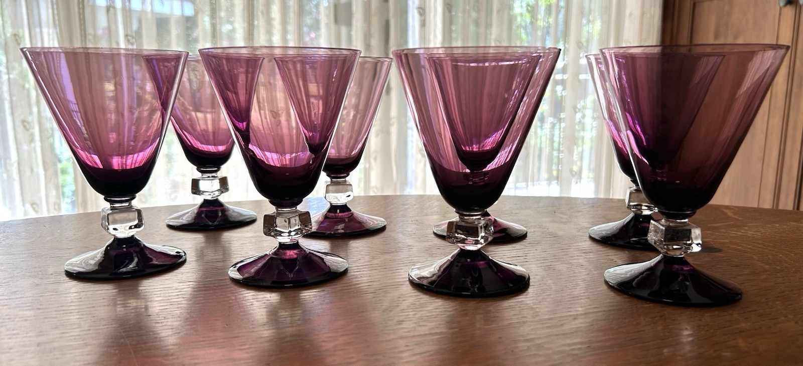 Set 8 Vintage Bryce Wilmington Water / Wine Glasses Purple Amethyst Glass Cube