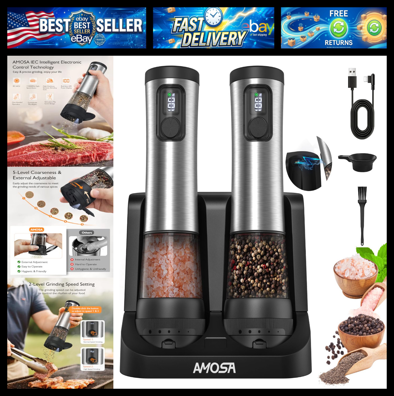 Electric Salt and Pepper Grinder Set, Battery Display Rechargeable Base