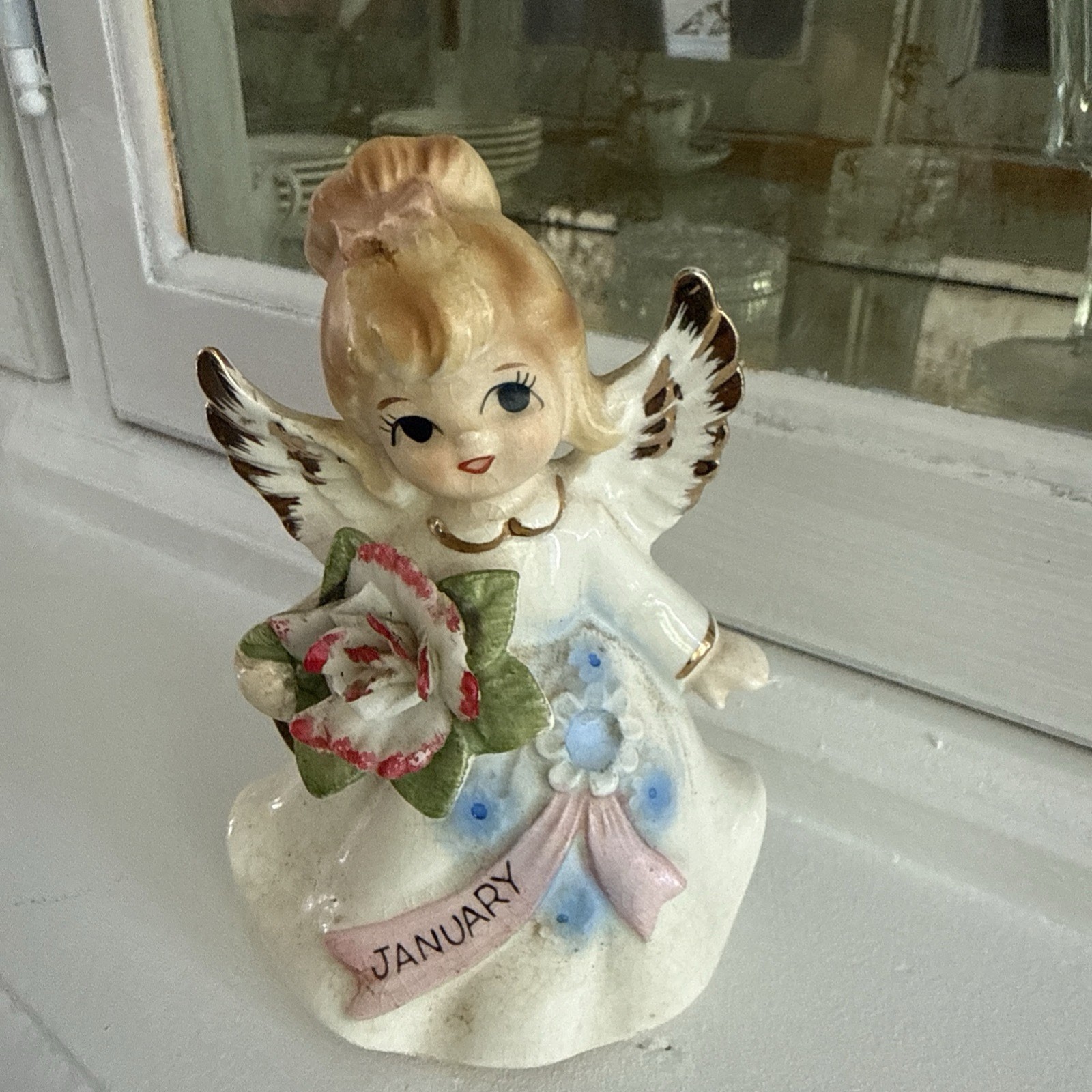 Vintage Antique MCM Lefton January Birthday Girl Angel Figure Carnation 6224