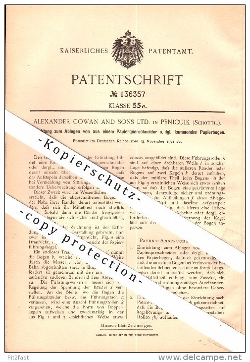 Original Patent - Alexander Cowan in Penicuik, Scotland, 1901, Apparatus for