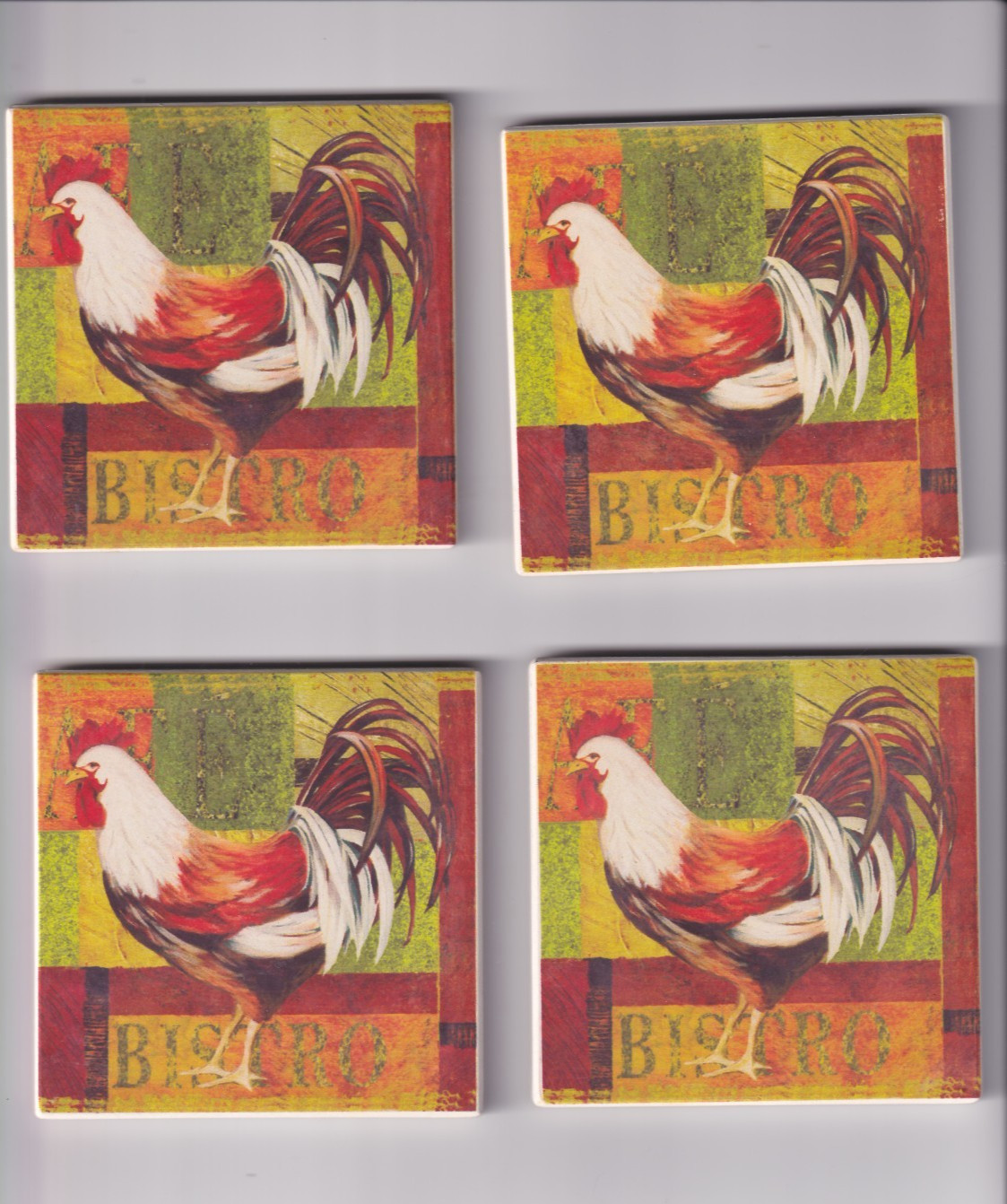 VTG Set 4 Rooster Ceramic Coasters with Cork Back s BISTRO VTG Set 4 Rooster Ceramic Coasters with Cork Back s BISTRO