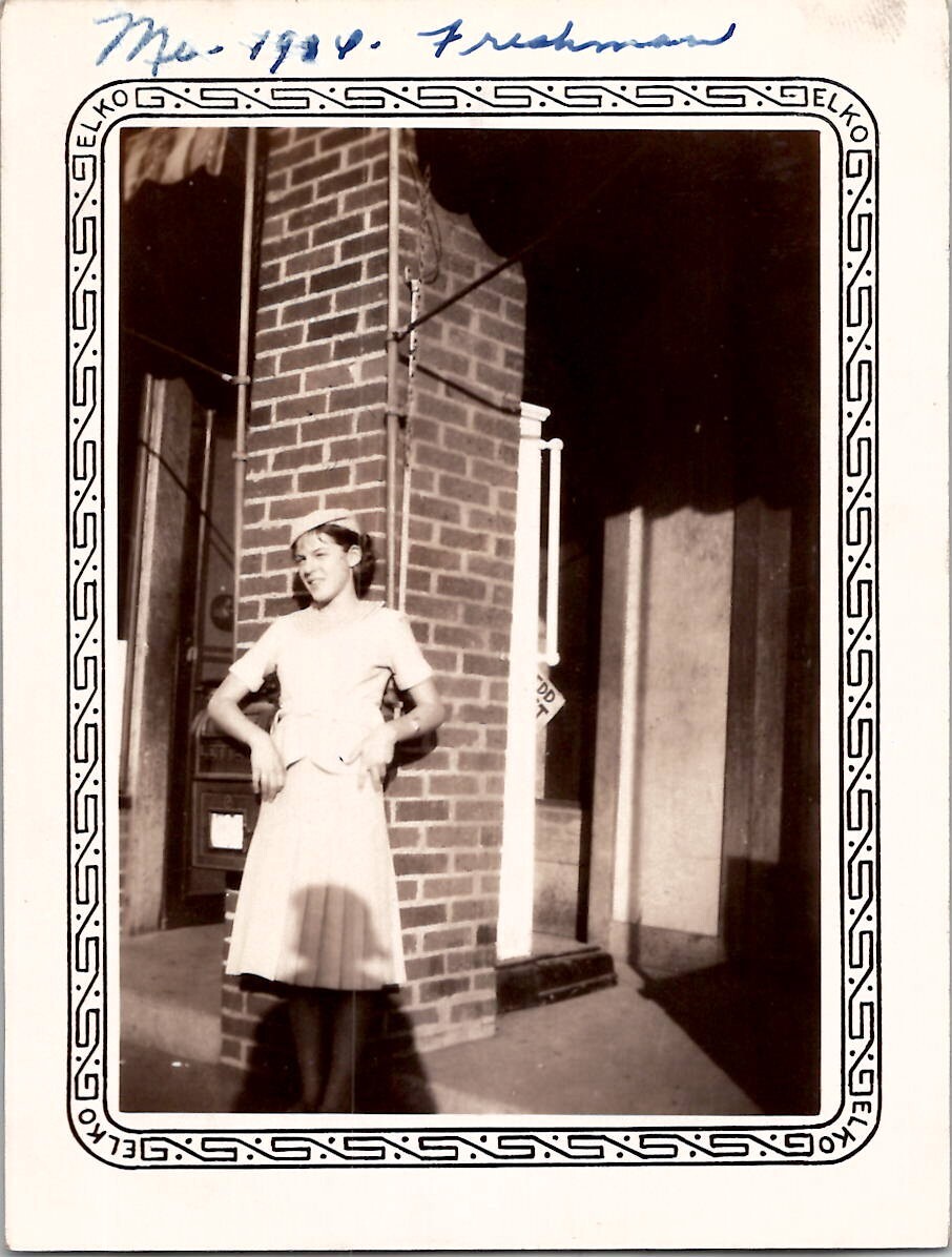 Beautiful Young Woman Posing on Brick Building Americana 1930s Vintage Photo