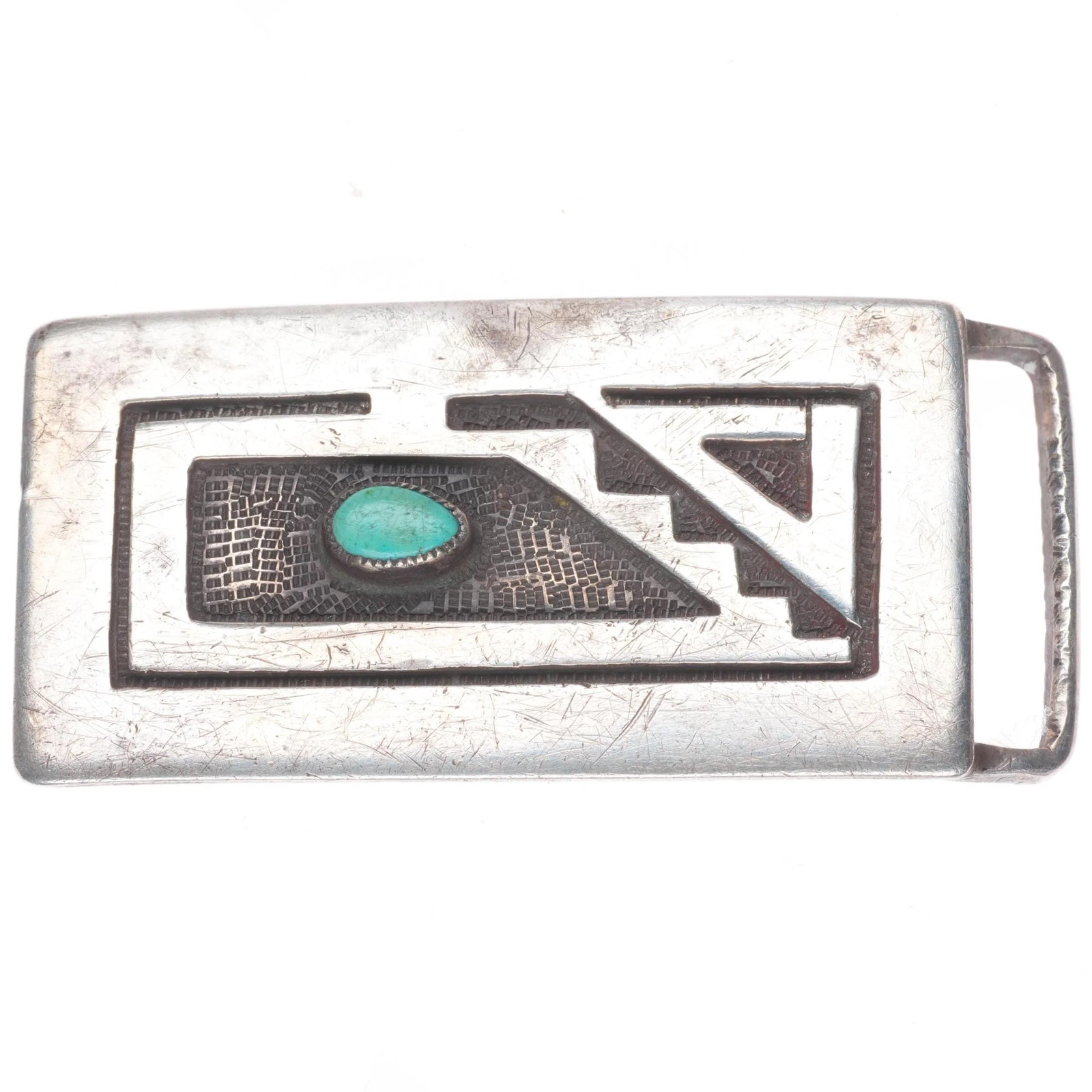 Morris Robinson Hopi modernist sterling silver art deco belt buckle w/turquoise