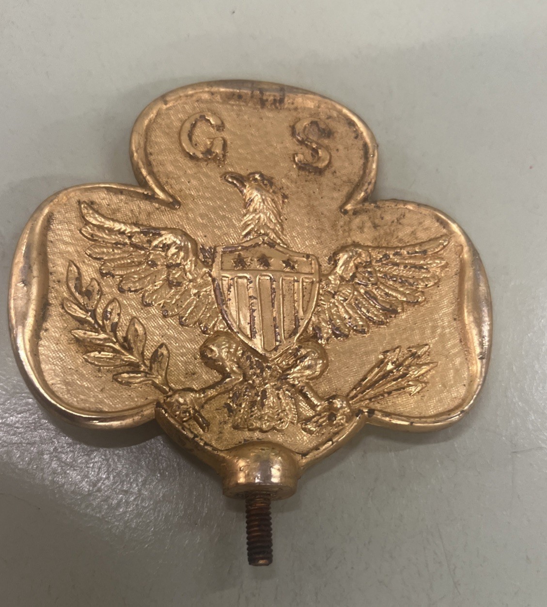 Antique Girl Scouts GS Trefoil Eagle Brass Flag Banner Staff Finial Topper