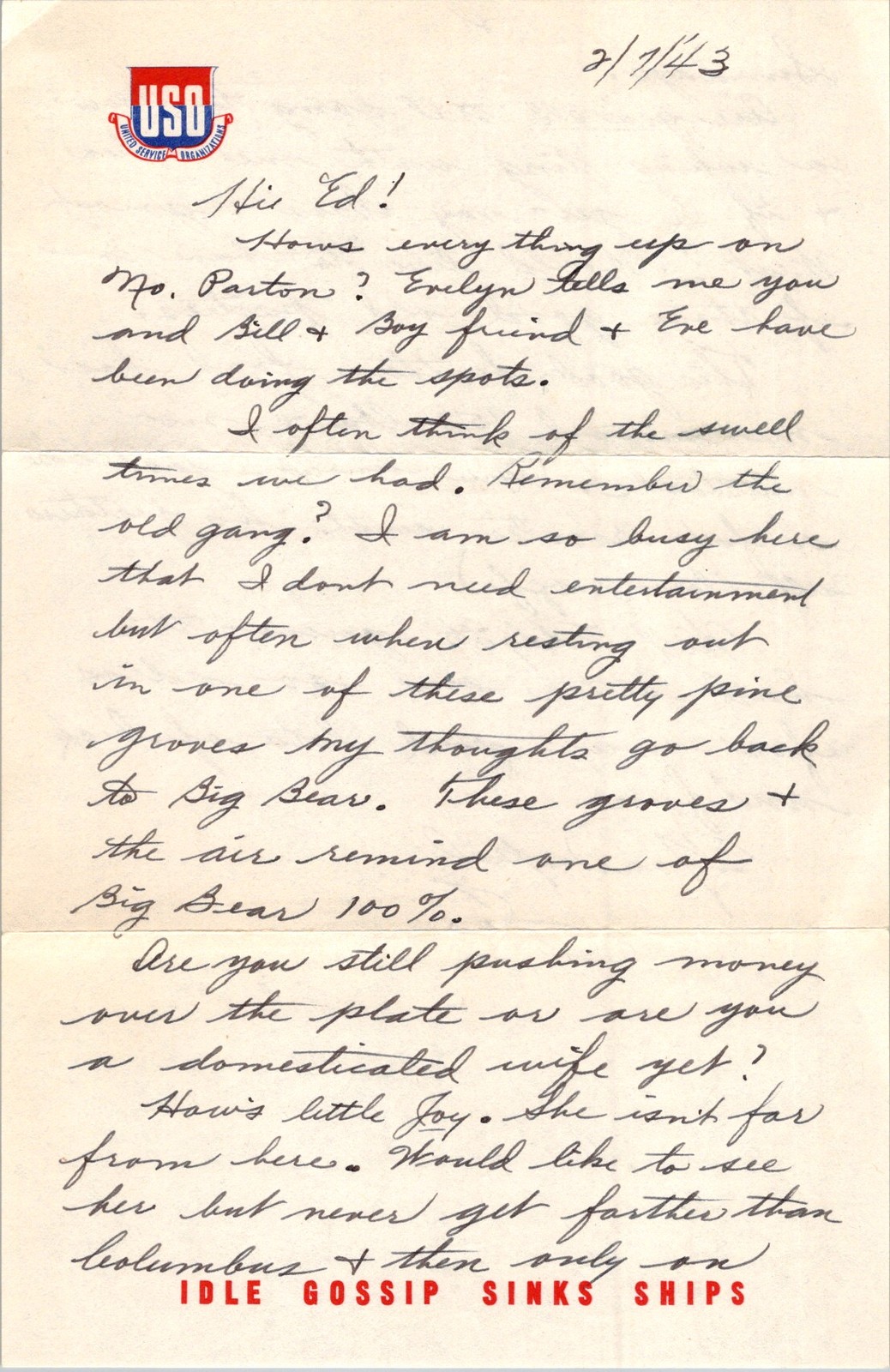 1943 USO WWII Letter Jae to Ed Big Bear Wartime Stationery Columbus Ohio