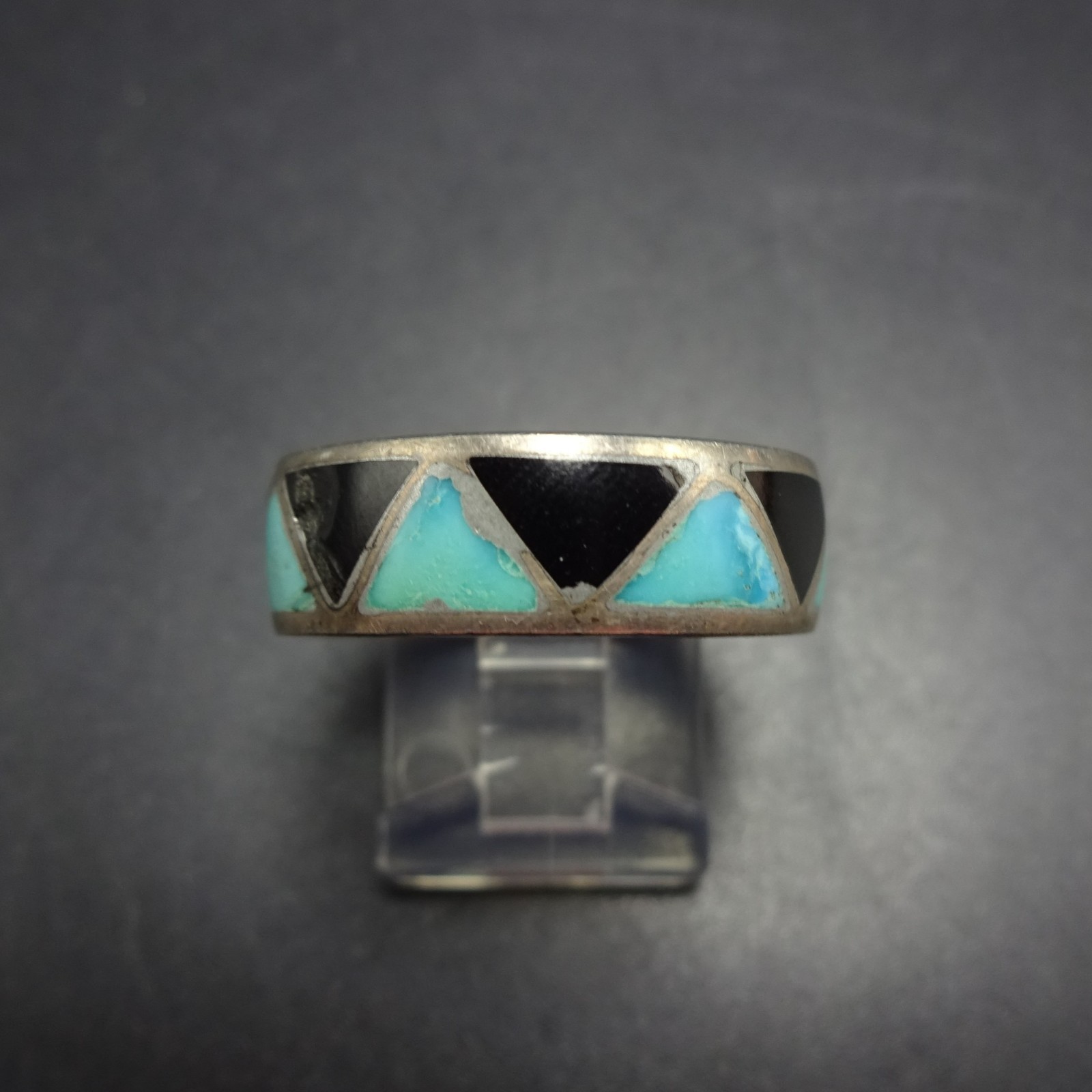 Vintage JUAN MARTINEZ Zuni TURQUOISE JET INLAY Sterling Silver RING BAND sz 9.5