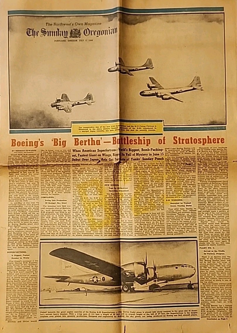 Front-Page Boeing B-29 Superfortress Bomber Sunday Oregonian July 1944 Ephemera Front-Page Boeing B-29 Superfortress Bomber Sunday Oregonian July 1944 Ephemera