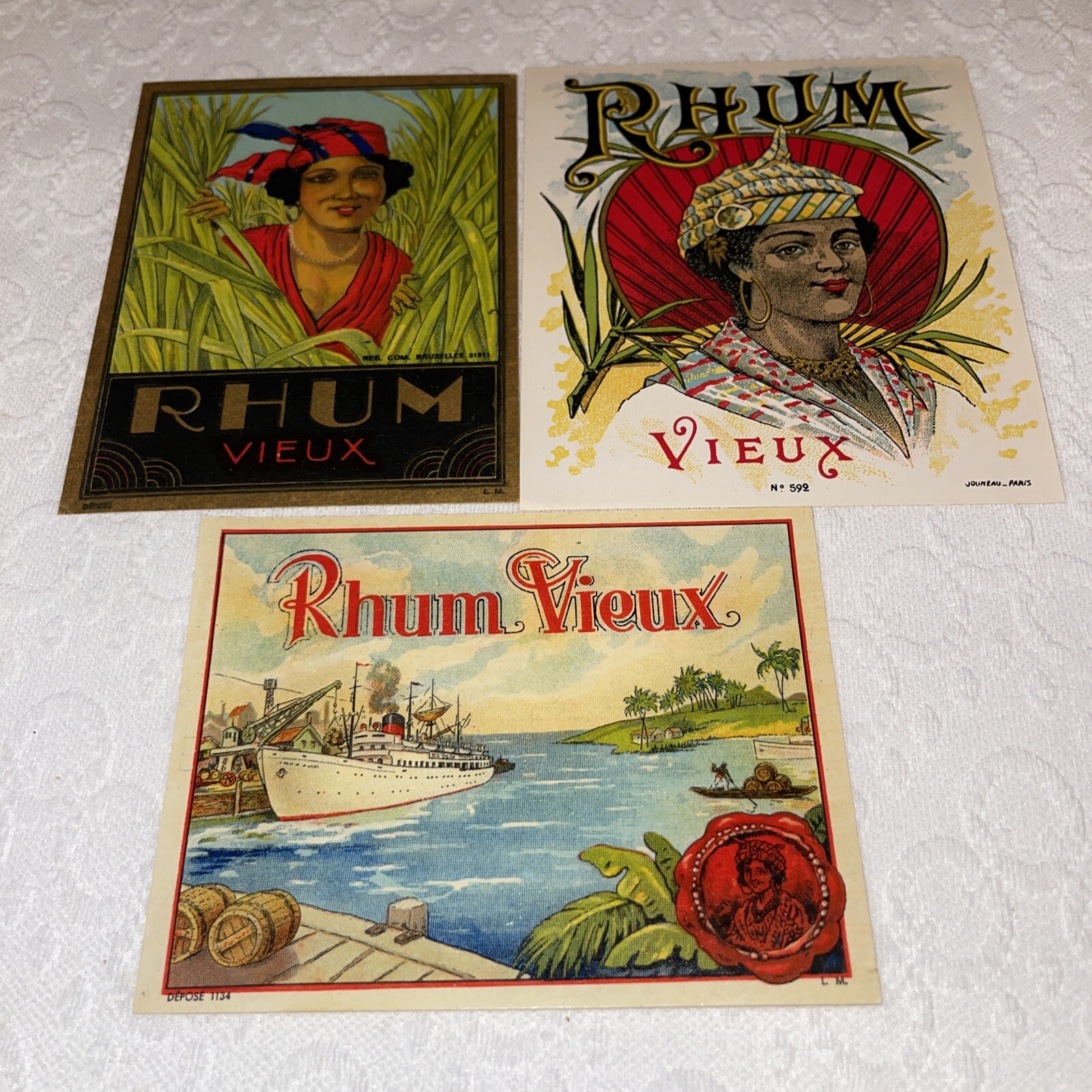 3 Authentic Original Antique French Rhum Vieux Labels 1890’s Ex.Condition