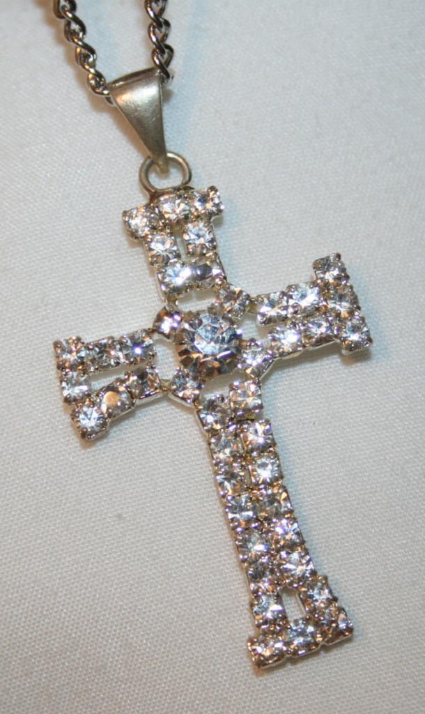 Sparkling Silvertone Openwork Rhinestone Cross Pendant Necklace
