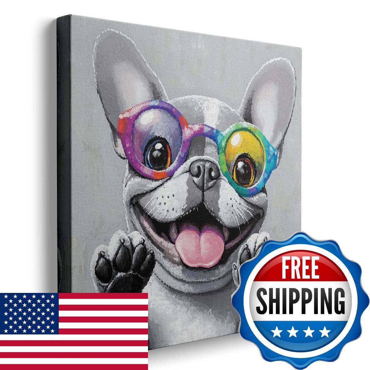 Ypxzzj Cute Dog with Glasses Canvas Wall Art - Funny Bulldog Decor, Framed