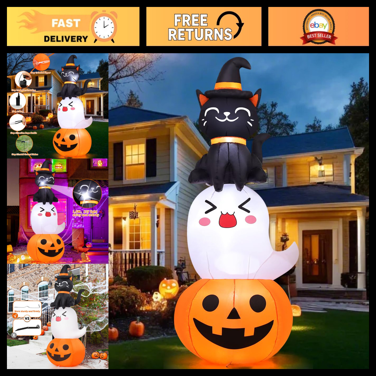 6FT Halloween Inflatable Pumpkin Ghost Cat Combo - LED Yard Decorations for Part