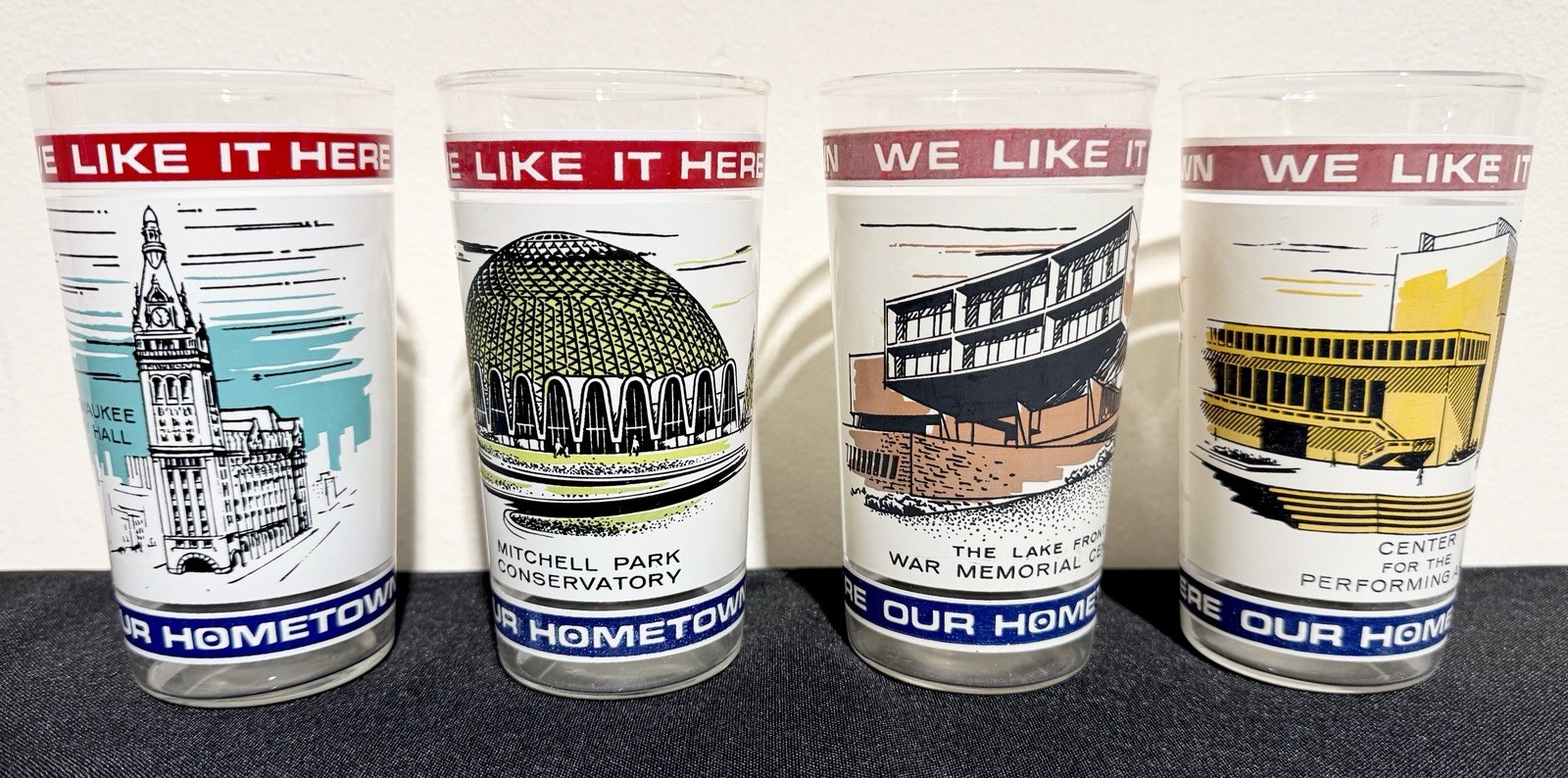 Set Of 4 Milwaukee WI Wisconsin Our Hometown We Like it Here Promo Glasses