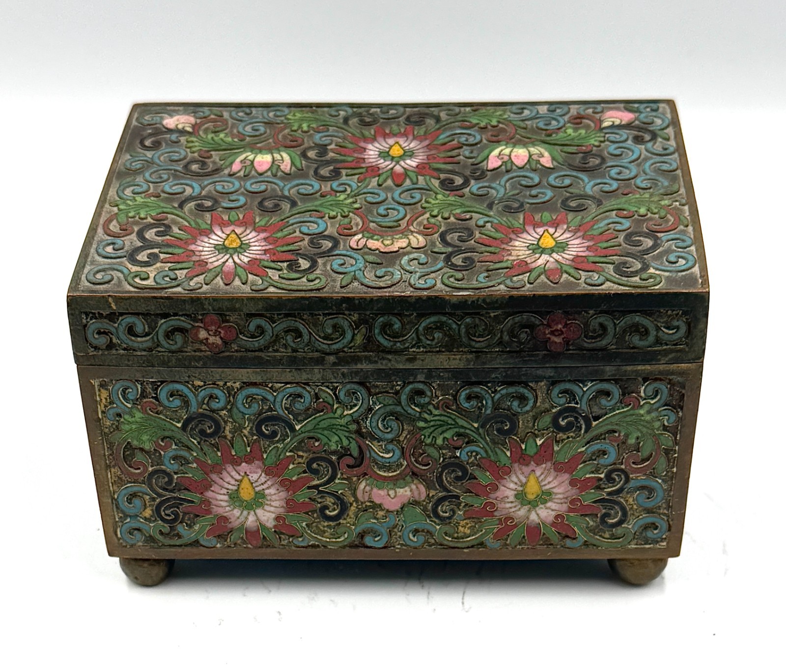 Vintage Chinese Cloisonné Enamel Footed Trinket Box Lotus Floral Brass c. 1900